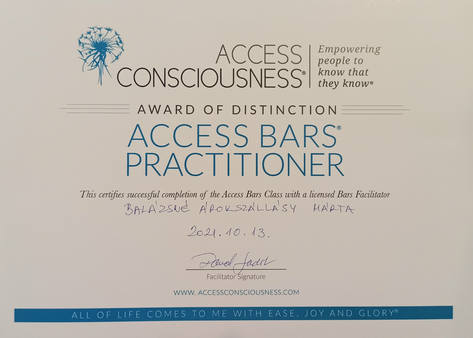 Access Bars® Practitioner oklevél, Access Consciousness® / Award of Distinction