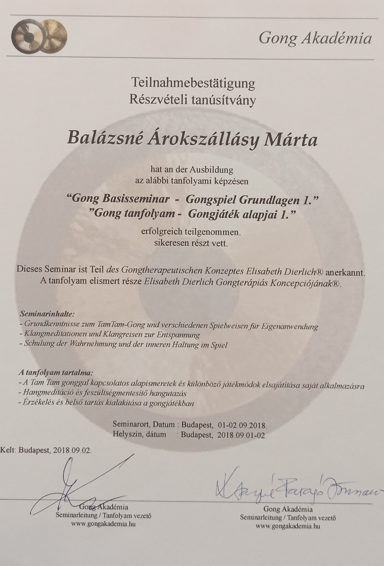 Gongjáték alapjai I. · Tam Tam Gong oklevél, Gong Akadémia