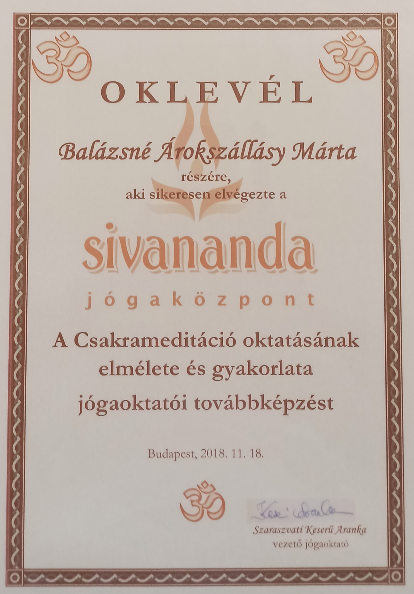 Csakrameditáció oktatása oklevél, Sivananda Jógaközpont